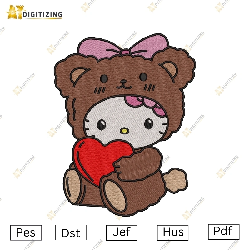 Teddy Bear Hello Kitty Love Embroidery Design | AtDigitizing